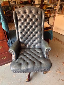 Vintage Executive Office Chair - Blue Leather High Wing-Back with Brass Rivet Motif