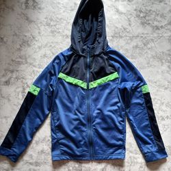 Boys Athletic Works Blue Jacket Size Large 10-12 Hooded With Lime Green Stripe.