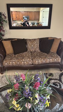 Brown Leather and Fabric Sofa with Nailhead Trim