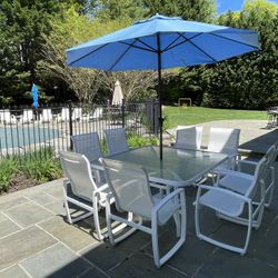 Outdoor Furniture Set w/ 60” Square Glass Table, 8 Dining Chairs and Umbrella!