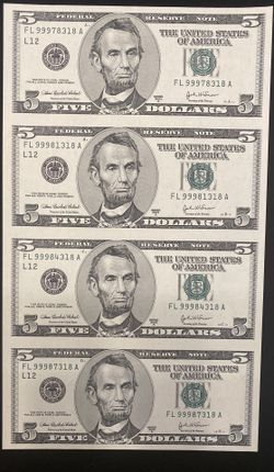 UNCUT SHEET OF FOUR UNCIRCULATED UNITED STATES FIVE DOLLAR BILLS 2003 SERIES