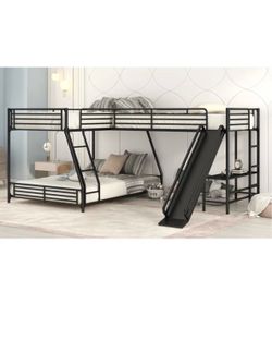 Twin Over Full Bunk Bed with Slide – Black Metal Frame, Triple bed