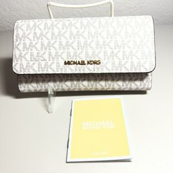 New Michael Kors Tri Fold Wallet Vanilla Signature Logo 