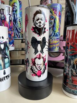 Jason, Michael Myers, Pennywise and Freddy Krueger with Pink and Black Bows Tumbler Cup