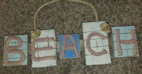 Large Beach Wood Plaque with Rope Letters Nautical Beach House Decor