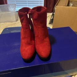 Red Suede Ankle Boots with Block Heel