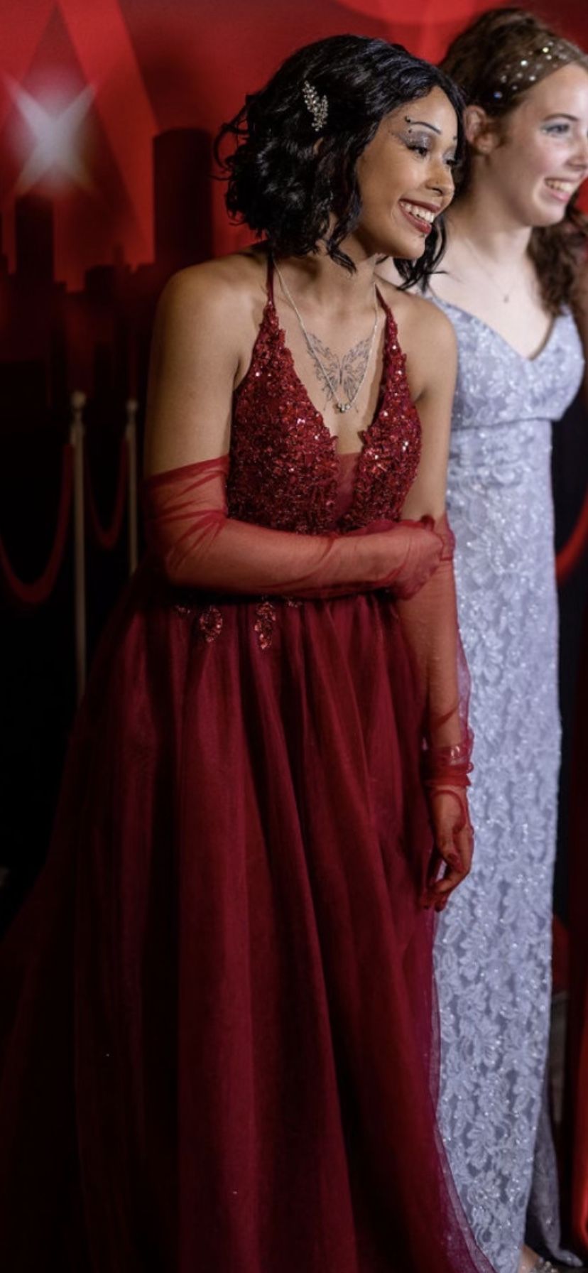 Red Sequined Prom Dress and Matching Gloves