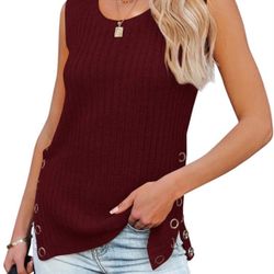 Women’s Crewneck Sleeveless Knit Top Side Slit Sweater, Small, Red