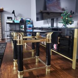 90s Faux Elephant Tusk Glass Coffee And 2 Side Tables Gold And Black Legs