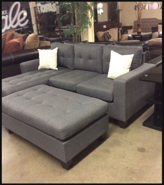 Sofa Sectional Gray Fabric with XL Ottoman