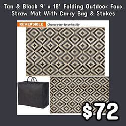 NEW Tan & Black 9' x 18' Folding Outdoor Faux Straw Mat With Carry Bag & Stakes: njft 