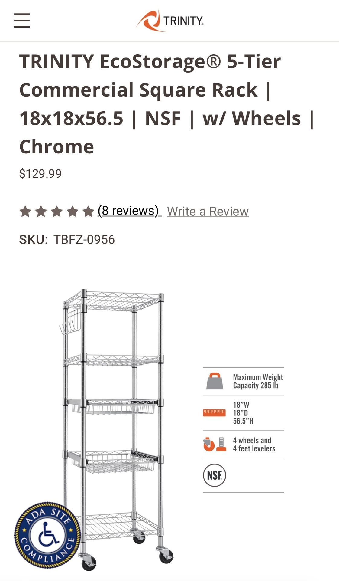 Trinity 5-Tier Commercial Square Rack |18x18x56.5 | NSF | w/ Wheels | Chrome