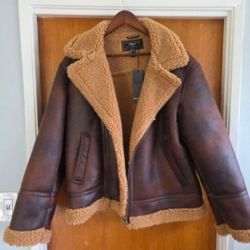 Men's Brown Faux Suede Vegan Sherpa Jacket XL Aviator Pilot