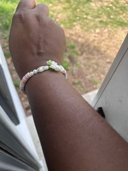 Handmade Pink & White Beaded Bracelet with White Bow Charm