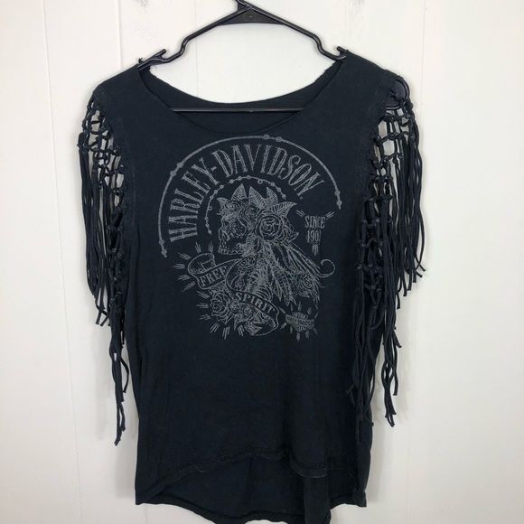 Women’s Harley Davidson Custom Fringed Sleeves T-Shirt