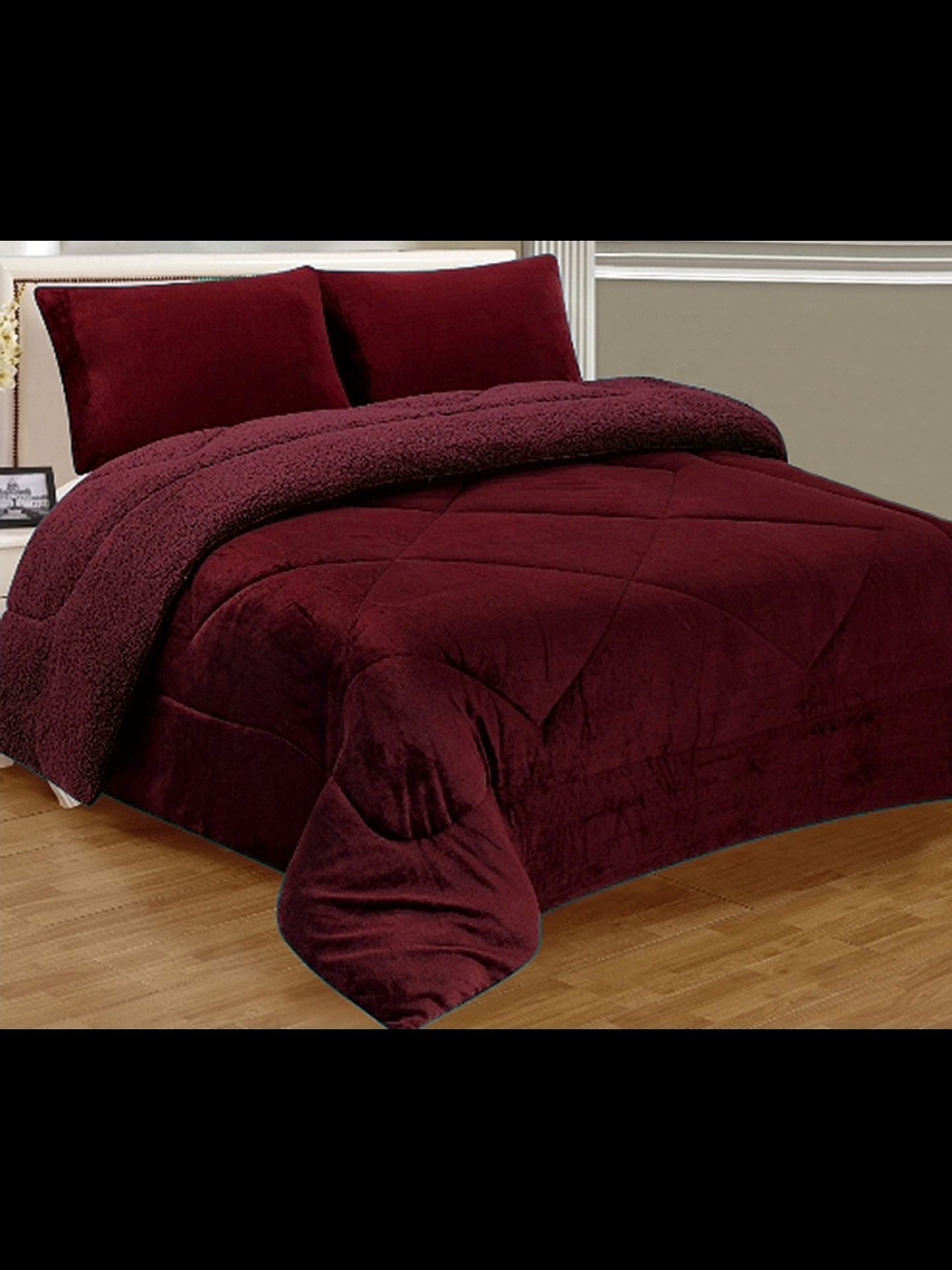 Brand New Burgundy Warm Super Thick Soft Borrego Sherpa Quilted Blanket 3 Piece Set with Pillow Shams Queen Size