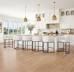 Set Of 6 LUE BONA 27" H Counter Height Bar Stools , Modern Barrel Counter Stools with Backrest and Arms, Black Metal Frames, Faux Leather Upholstered 