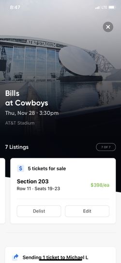 (5) Great Buffalo Bills @ Dallas Cowboys Tickets Sec 203 $330 each