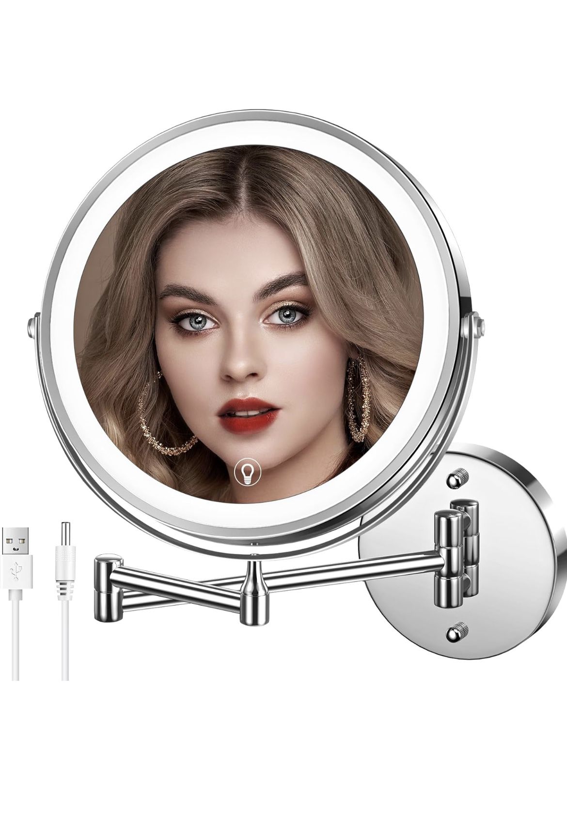 MNIENT Wall Mounted Lighted Makeup Mirror, 8" Rechargeable Double-Sided Magnifying Mirror 1x/10x, 3 Colors Led Vanity Mirror with Lights, Touch Dimmab
