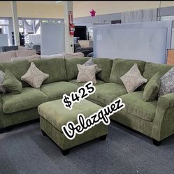 ✅✅4 pc sage green corduroy fabric sectional sofa with rounded arms and ottoman✅✅