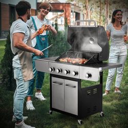 4 Burner Propane Gas Grill Stainless Steel BBQ Grill with 12,000 BTU Side Burner for Outdoor Cooking Kitchen and Patio Backyard Barbecue