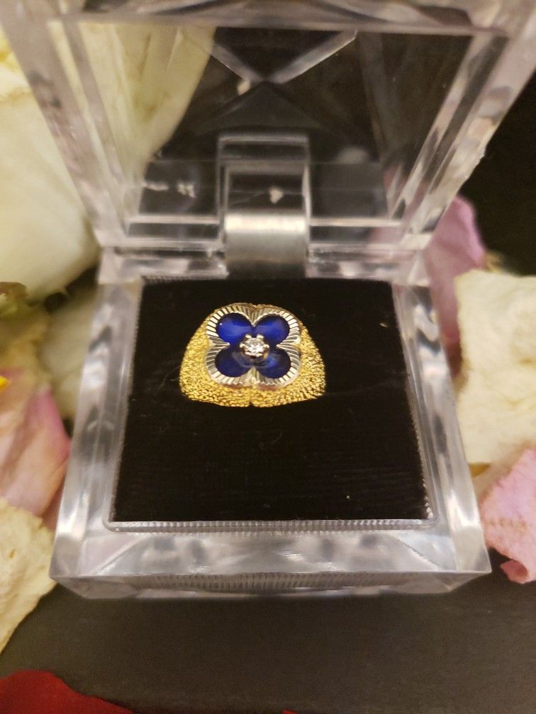 Blue Enamel 18k Yellow Gold Quarter Karat Diamond Egyptian