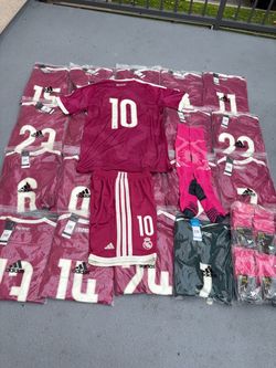 REAL MADRID SOCCER UNIFORM SETS – $40 EACH ⚽️  20 complete uniform sets available!  Each set includes: • Jersey • Shorts • Number • Socks  📦 Ready fo