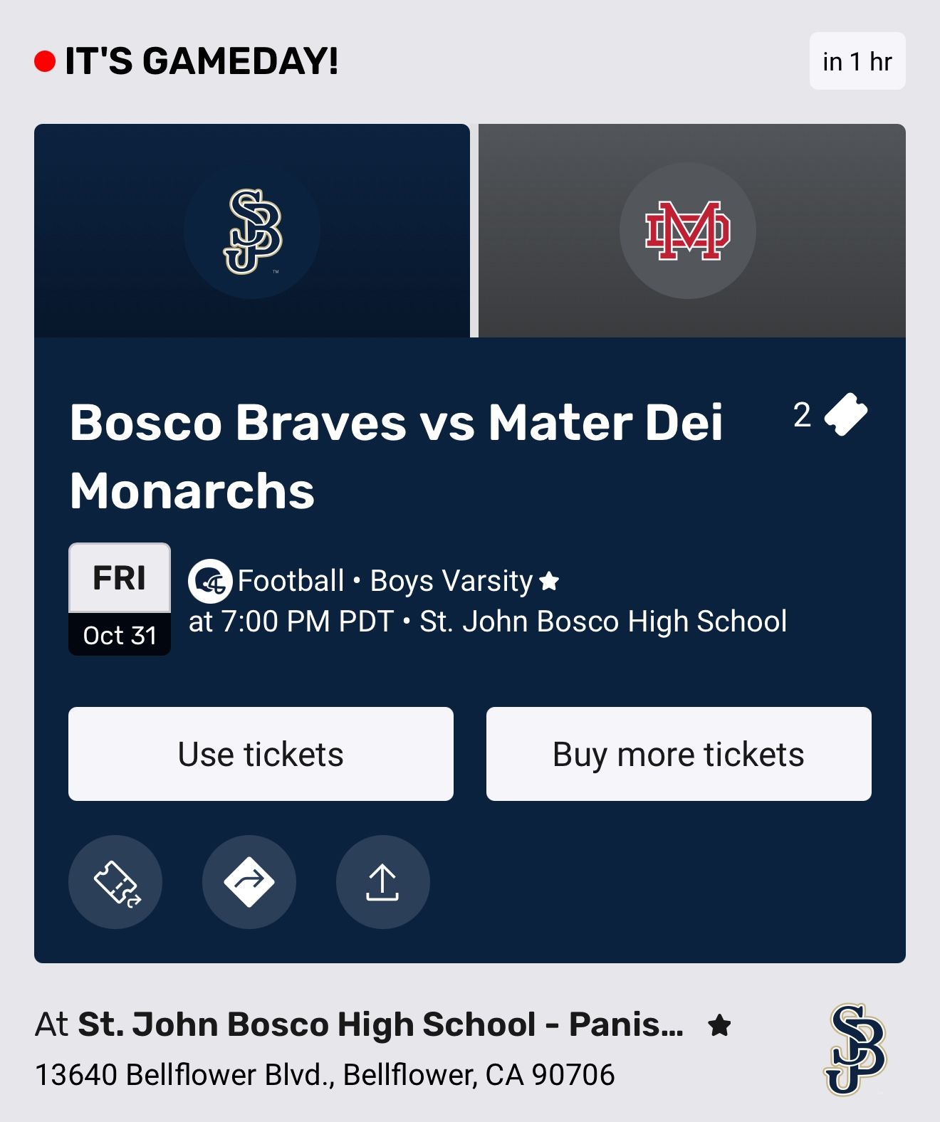 St. John Bosco Braves vs. Mater Dei Monarchs - 2 Tickets $75