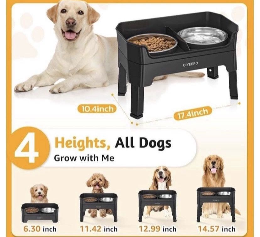 3 in 1 Elevated Dog Bowls Mess Proof: Raised Dogs Bowls - 4 Height Adjustable Dogs Bowl Stand with 2 * 53oz Stainless Steel Dog Food Bowl and Licking
