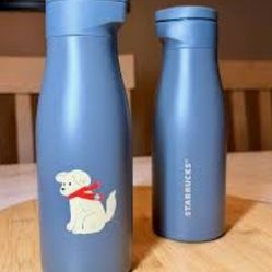 Starbucks 14 Oz Water Bottle - Holiday Puppy Design Double Wall Stainless Steel, Insulated. Festive Collectible!