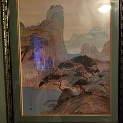 Large FRAMED mid Century 60s HARRY WYSOCKI  AKA HERONIM Japanese PAGODA PAINTING 