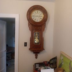 Grandmother's  Clock Key  Wind  4 Ft  Tall Oak Keeps  Perfect  Time.