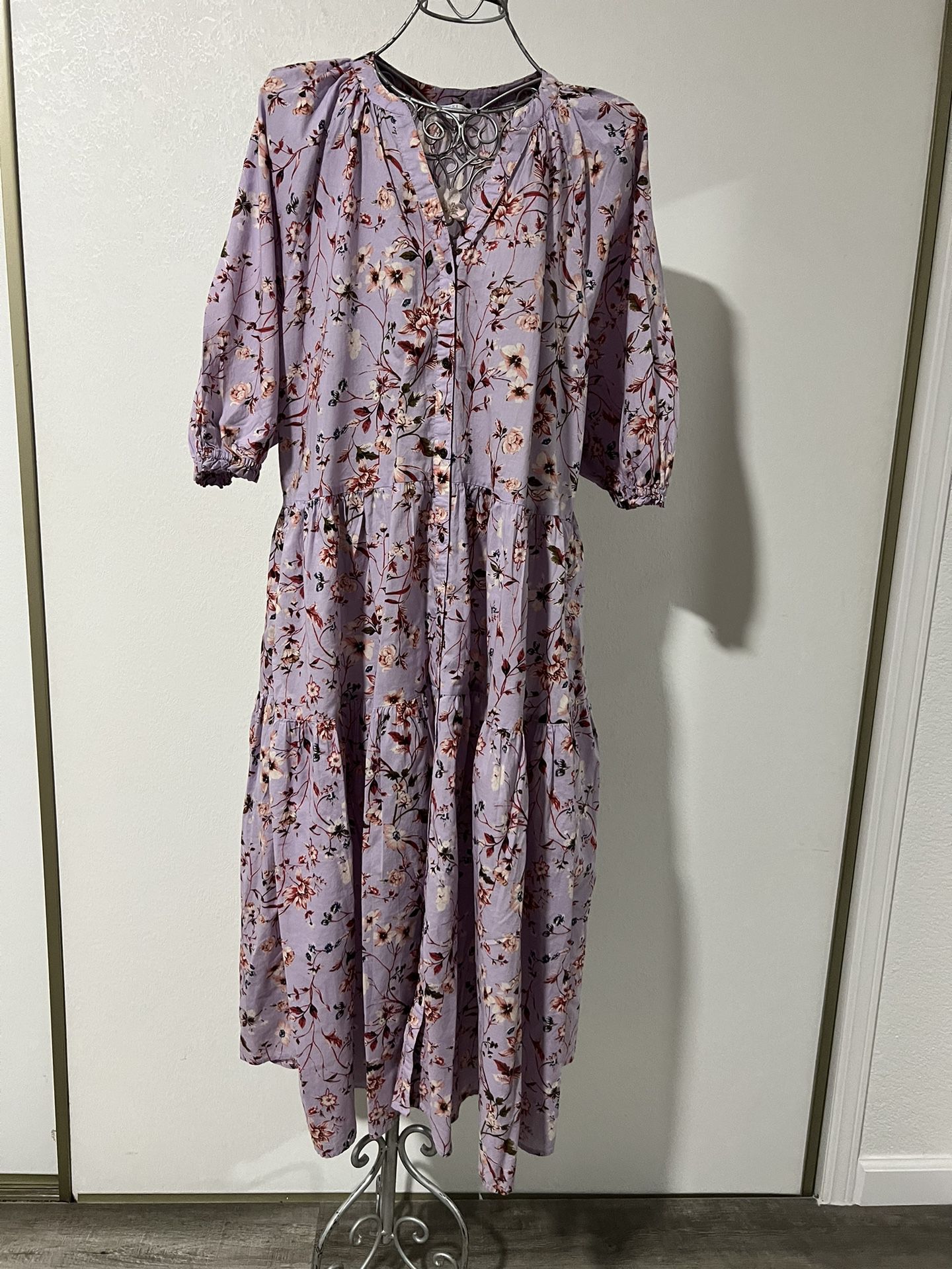 Time and True Floral Lilac Tiered Maxi Boho Dress Size L