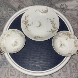 1903 Haviland Limoges France Antique Porcelain Cups & Saucer Pink Floral 