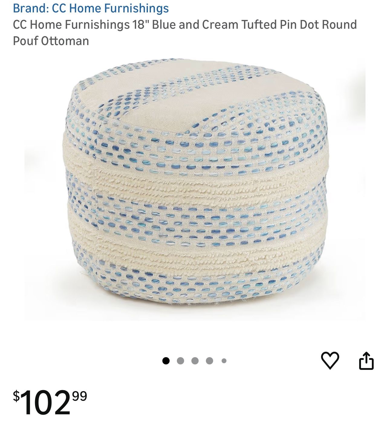 18" Blue and Cream Tufted Pin Dot Round Pouf Ottoman