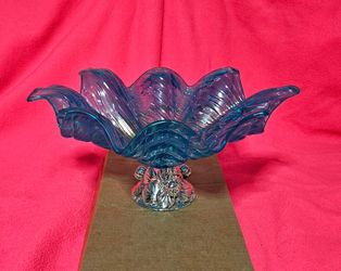 Blue Art Glass Ruffled Bowl on Metal Base