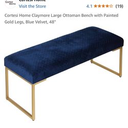 Cortesi Home Claymore Large Ottoman Bench with Painted Gold Legs, Blue Velvet, 48"