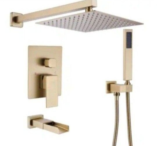 BWE Waterfall Spout Single Handle 3 Spray Square High Pressure Tub and Shower Faucet in Brushed Gold (Valve Included)