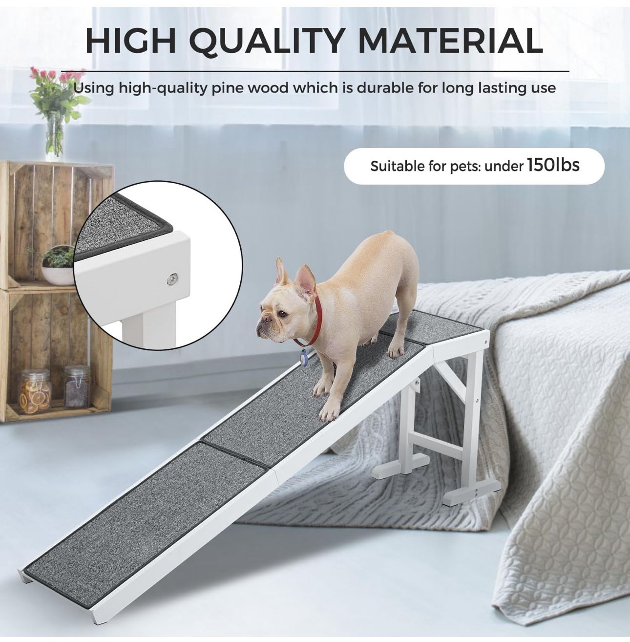 Strong Sturdy Big Long Wood Ramp For Dog To Bed Couch Car Non Slip Carpet Surface Up to 150 lb Dog Size Length 70", Height 25"