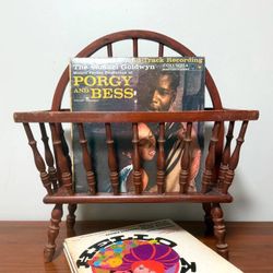 Vintage Antique Farmhouse Wood Spindle Wagon Wheel Magazine Holder Vinyl Records Storage Rack Stand
