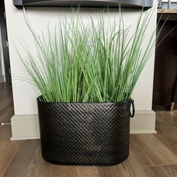 FAUX GRASS PLANT IN BRASS PLANTER