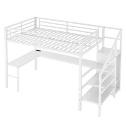 Full Size Loft Bed with L-shaped Desk and USB, Metal Loft Bed with Wardrobe and Adjustable Shelf, High Loft Bed with LED for Kids Teens Adults, White
