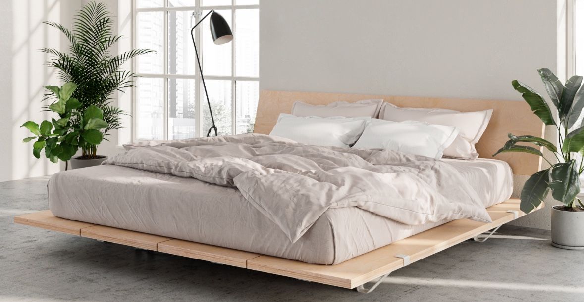 Floyd Queen/Full Size Bed Frame and Headboard - Modular, No Tool, Modern, Birch + White Steel