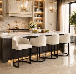 27''H Modern Fabric Counter Stools with Curved Backrest and Arms, Beige (Set of 4)