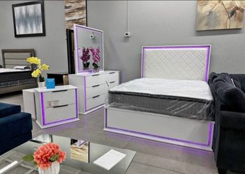 Brand new white led light bedroom set for sale with free delivery and free assembling