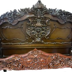French Rococo Carved Mahogany Queen Bed