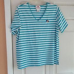 Quacker Factory Womens Bling  Umbrella V Neck Tee Top Plus Size 2X Blue Striped