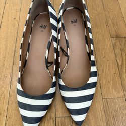 Striped Canvas Low Heel Pumps Pointy Toe Size9