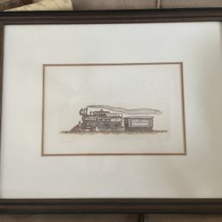 Signed and Numbered Limited Edition Etching of a Locomotive Steam Engine Train Matted and Framed