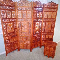 Vintage Pierced Teak Four Panel Room Divider Privacy Screen Optional Side Table Vintage 1970s